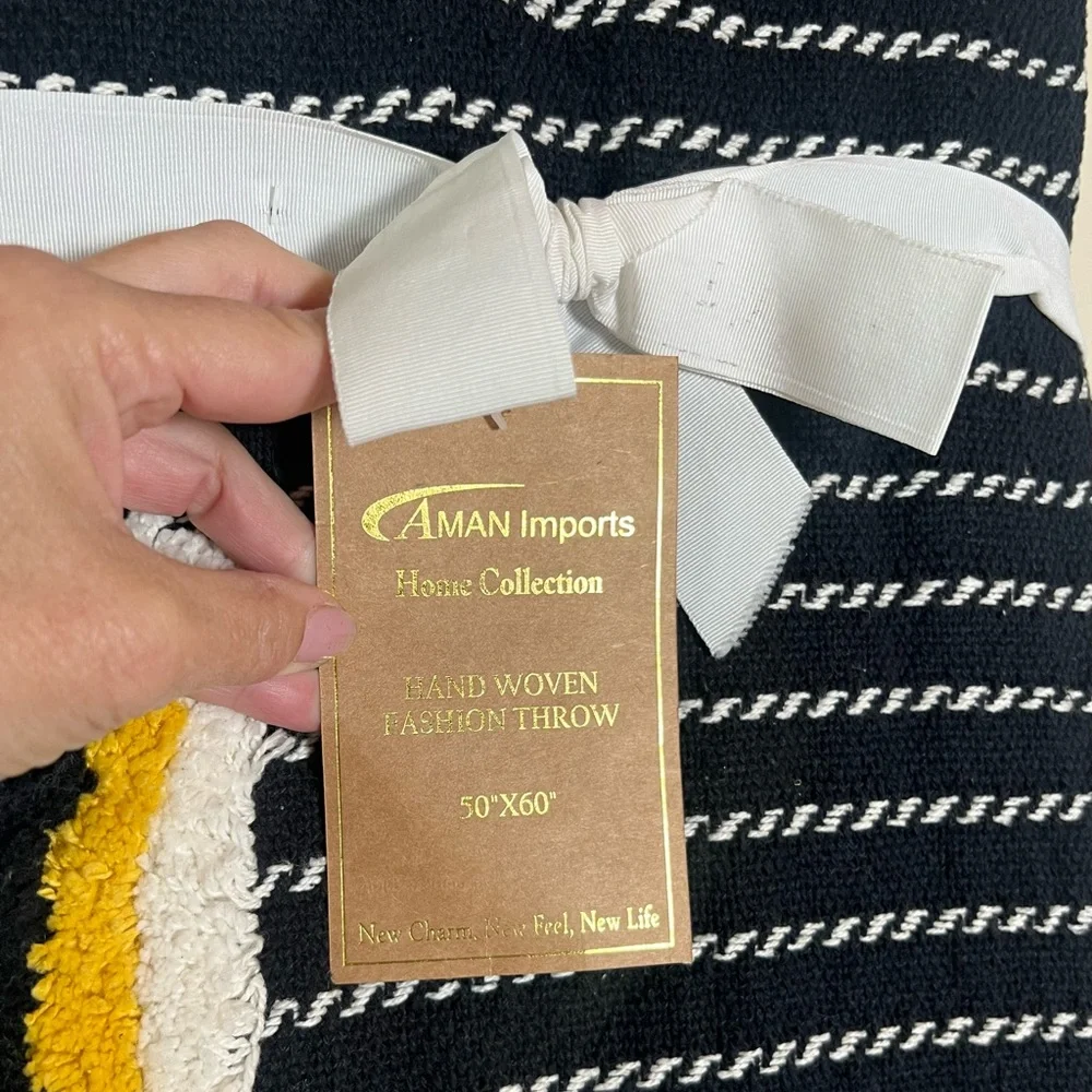 Aman Black & White Striped Boho Blanket throw with decorative large Tassels